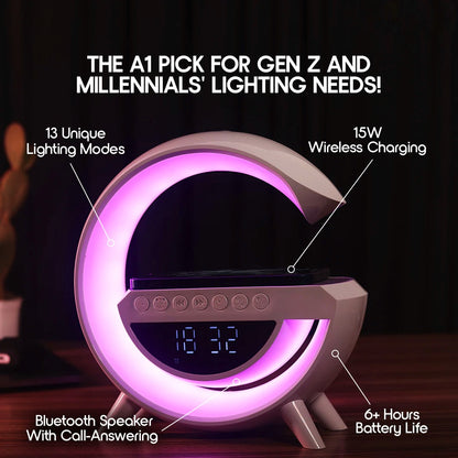 Rechargeable Wireless Charger RGB Light Lamp Speaker with Alarm Clock