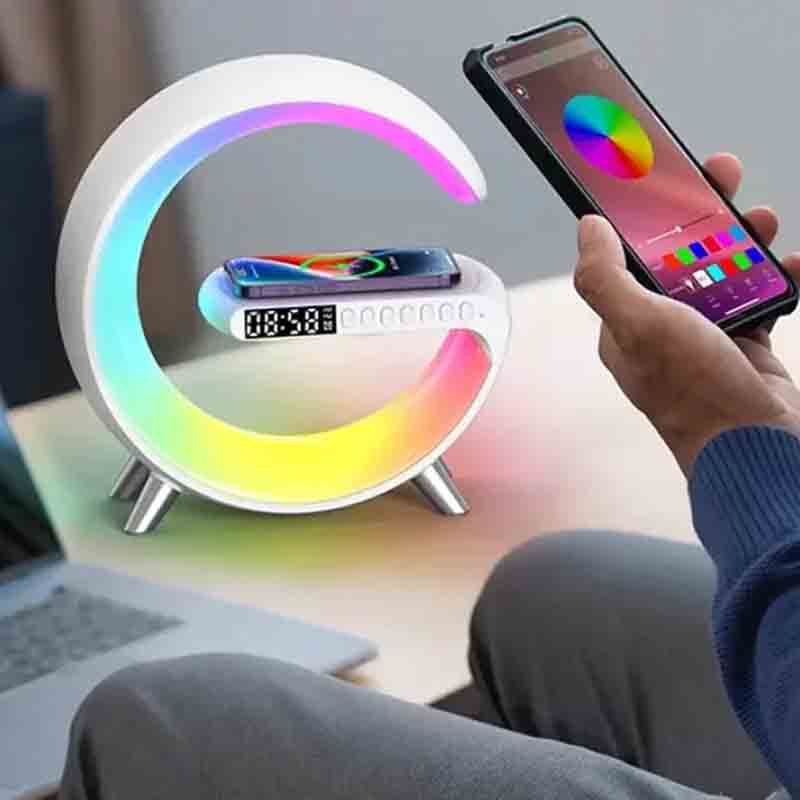 Rechargeable Wireless Charger RGB Light Lamp Speaker with Alarm Clock